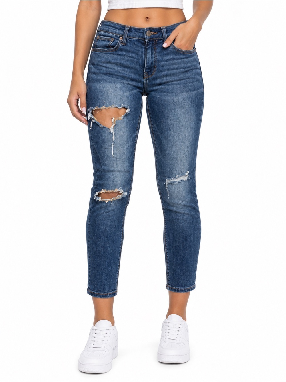 Express Distressed Cropped Skinny Jeans - Blue